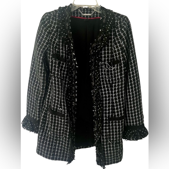 White House Black Market Jackets & Blazers - White House Black Market Black & White Tweed Fringed Open Blazer